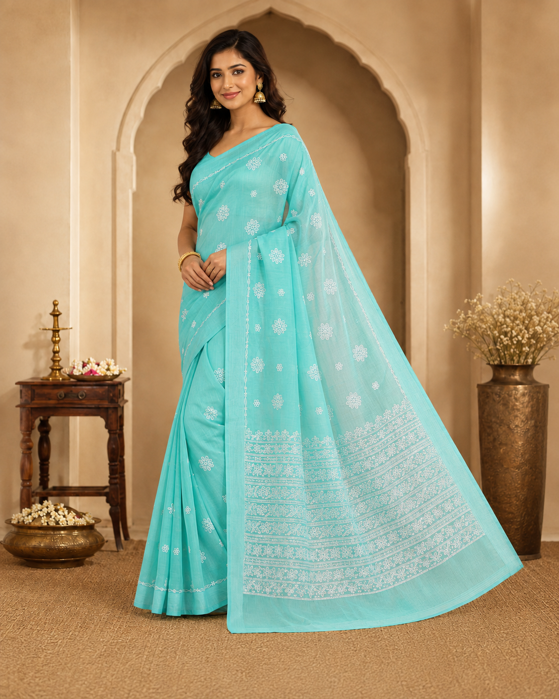 Aqua Green Chanderi Chikankari Saree – Hand Embroidered