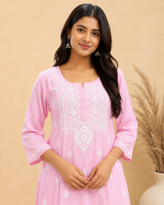 Baby Pink Rayon Lucknowi Chikankari Kurti for Women – Handmade White Embroidery