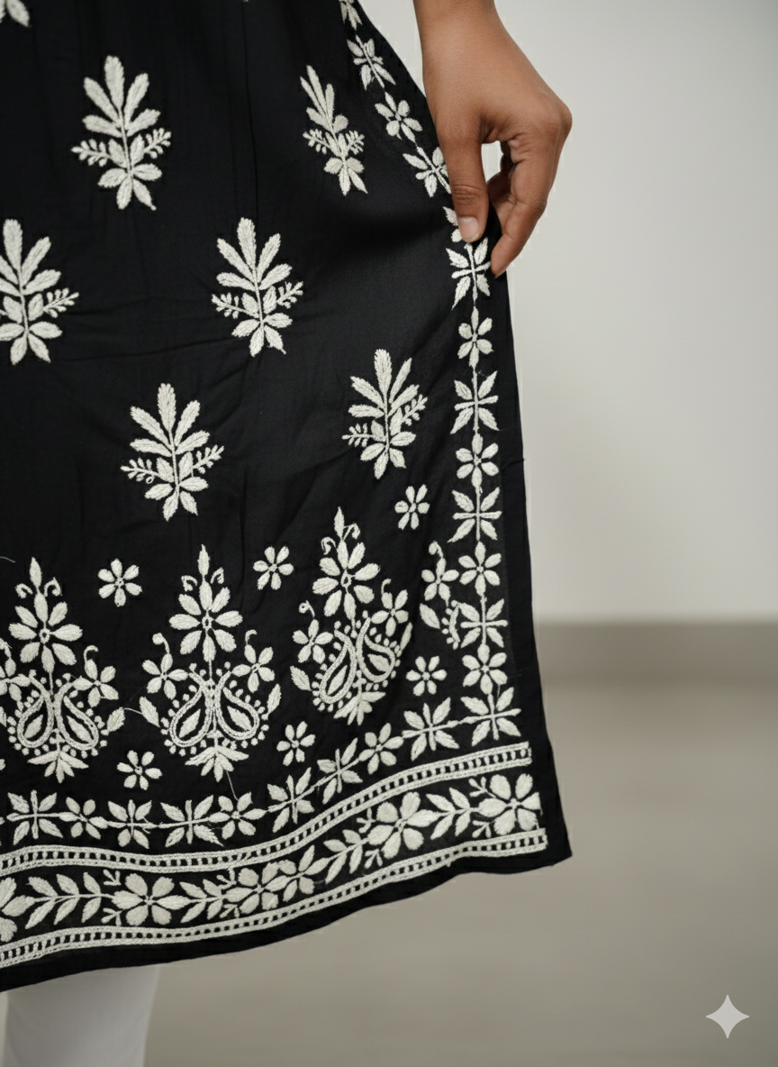 Black Pure Modal Chikankari Kurti for Women | Handcrafted White Thread Work | Lucknow Best Chikankari Kurta