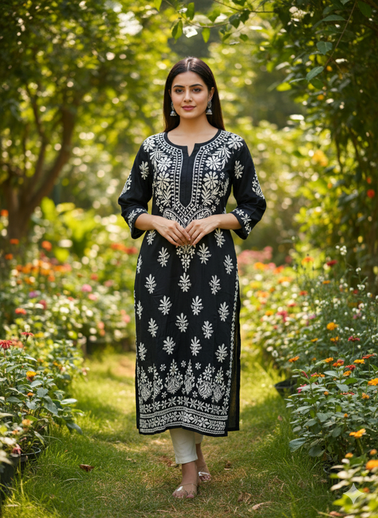 Black modal Chikankari kurti embroidery close up