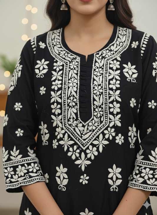 "Black Silk Cotton Chikankari Kurti with White Hand Embroidery | Premium Lucknowi Ethnic Wear for Women"