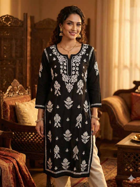 Black rayon Chikankari kurti front view