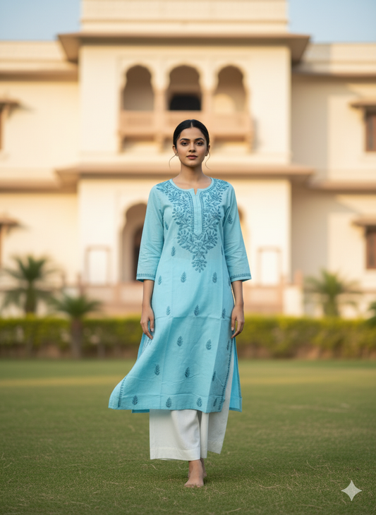 "Handmade Lucknowi Chikankari Kurti for Women – Sky Blue Cotton Kurta with Intricate Floral Embroidery | Daily & Festive Wear"