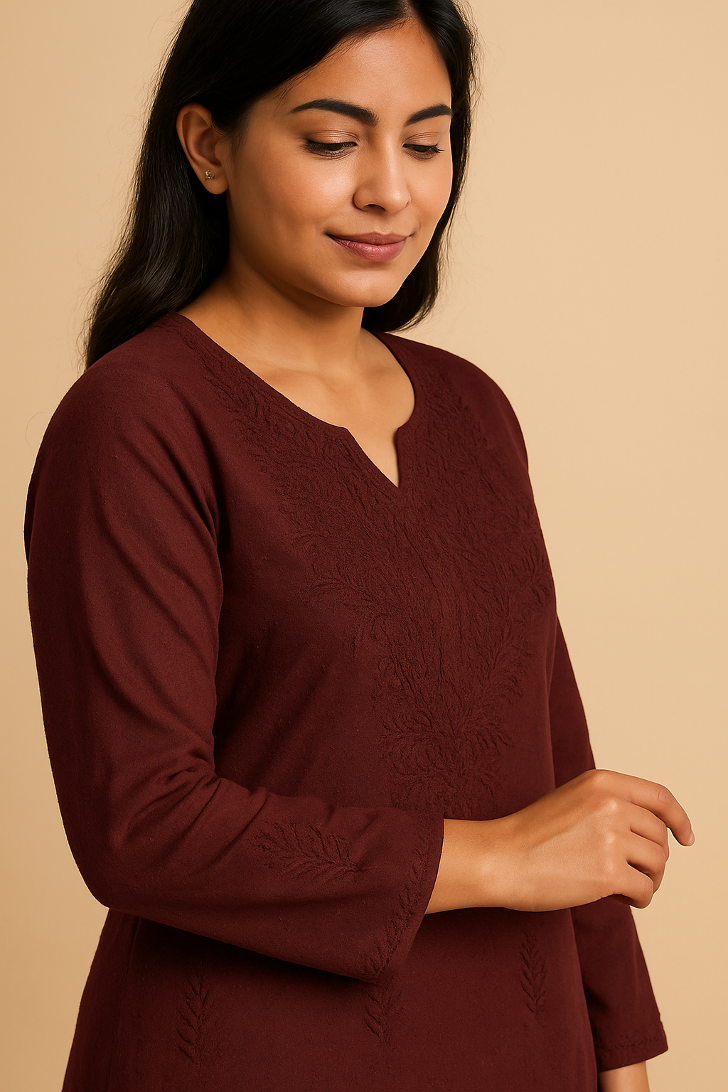 Women's Maroon Cotton Kurti Set with Embroidery & Dupatta