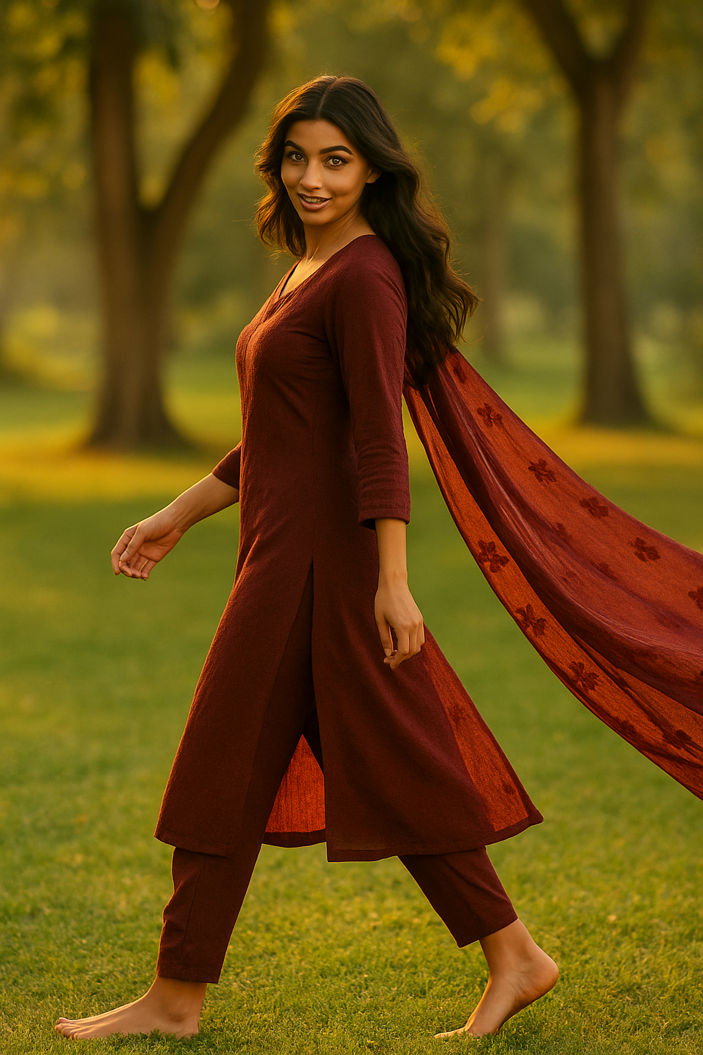 Women's Maroon Cotton Kurti Set with Embroidery & Dupatta