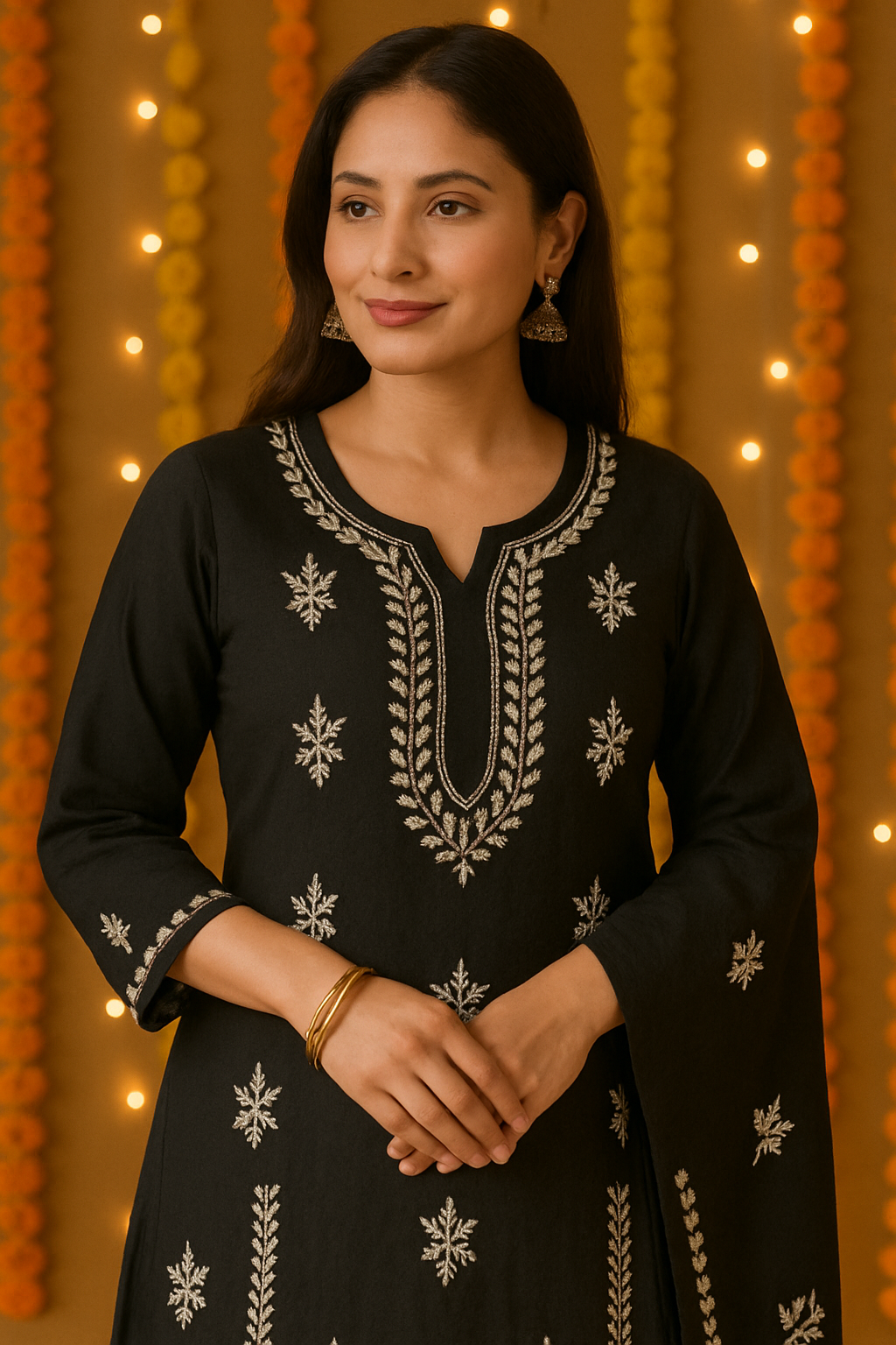 "Black Chikankari Embroidered Kurti Set with Dupatta – Elegant Handcrafted Ethnic Wear for Women"