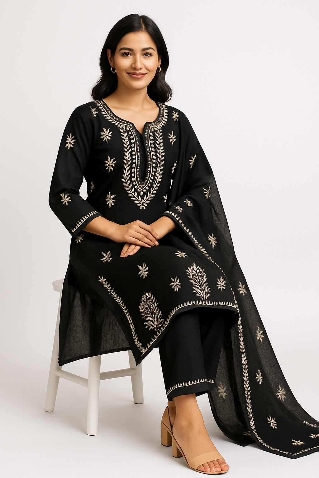 "Black Chikankari Embroidered Kurti Set with Dupatta – Elegant Handcrafted Ethnic Wear for Women"
