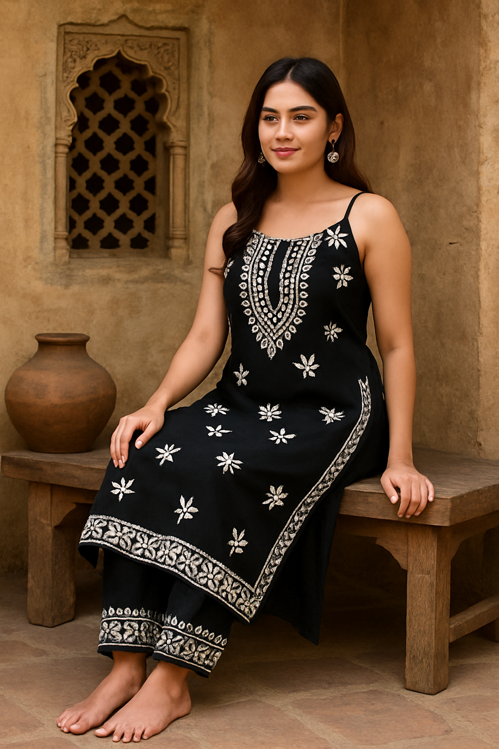 Black Sleeveless Lucknowi Chikankari Kurta Set – Handcrafted Elegance