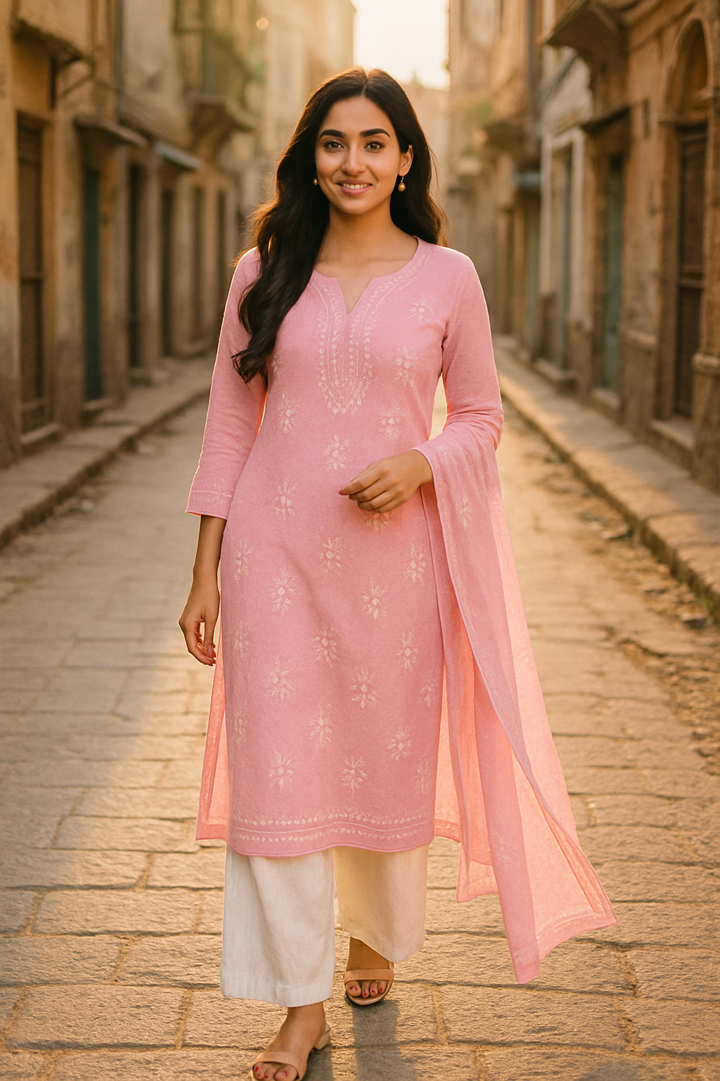"Pink Embroidered Kurta Set – Elegant Detailing on a Neutral Canvas"