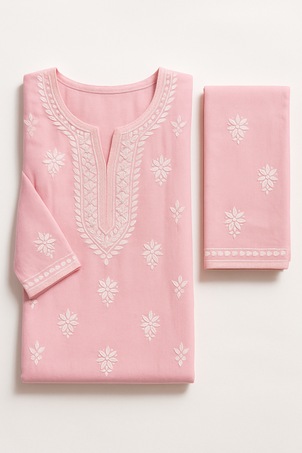 "Pink Embroidered Kurta Set – Elegant Detailing on a Neutral Canvas"