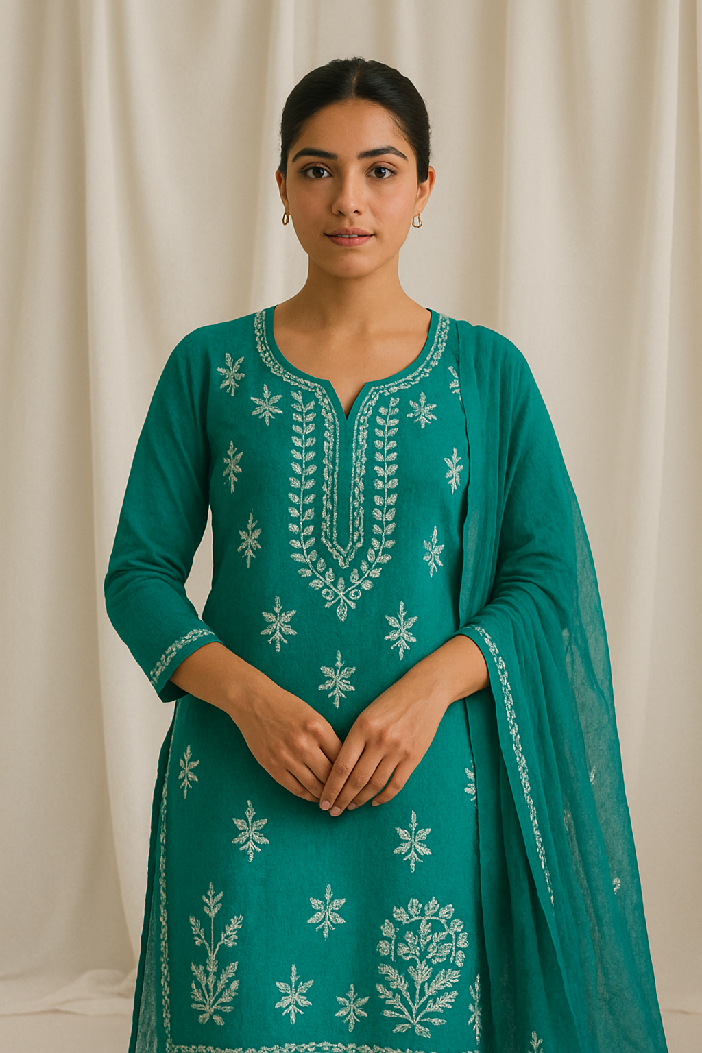 "Teal Green Handcrafted Lucknowi Chikankari Cotton Kurta Set with Dupatta – Elegant Ethnic Wear for Women"