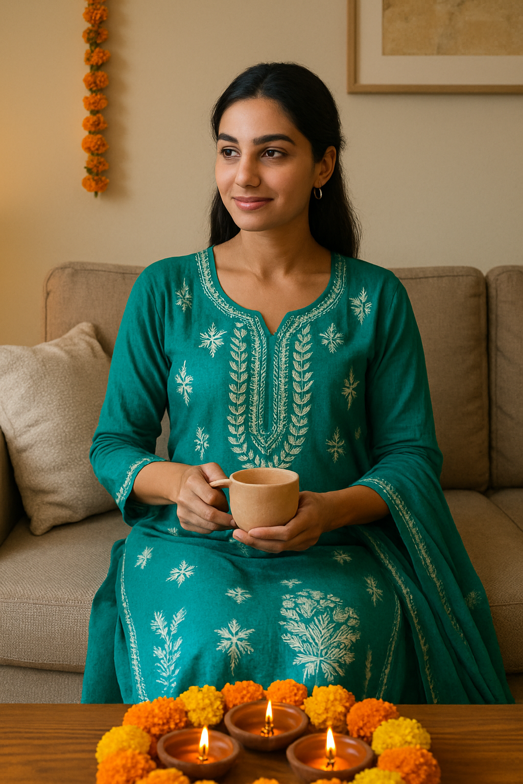 "Teal Green Handcrafted Lucknowi Chikankari Cotton Kurta Set with Dupatta – Elegant Ethnic Wear for Women"