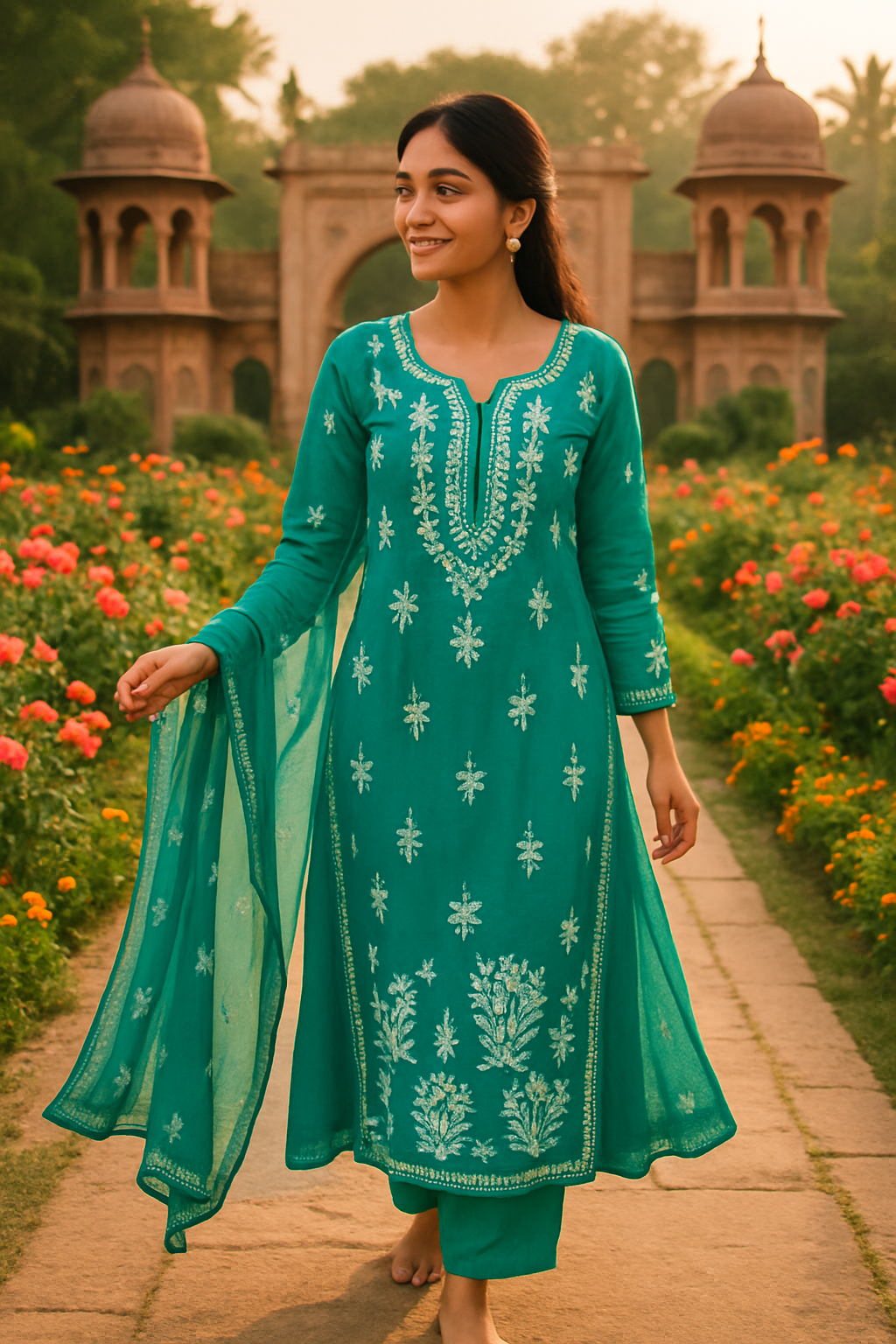 "Teal Green Handcrafted Lucknowi Chikankari Cotton Kurta Set with Dupatta – Elegant Ethnic Wear for Women"