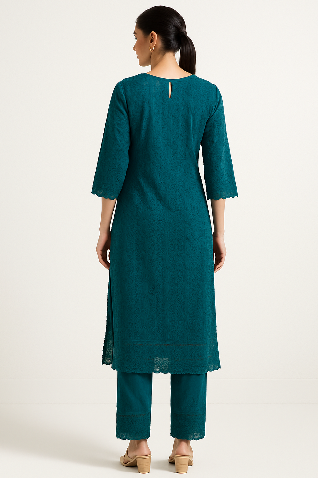 Teal Blue Hand-Embroidered Chikankari Kurta with Trousers & Dupatta
