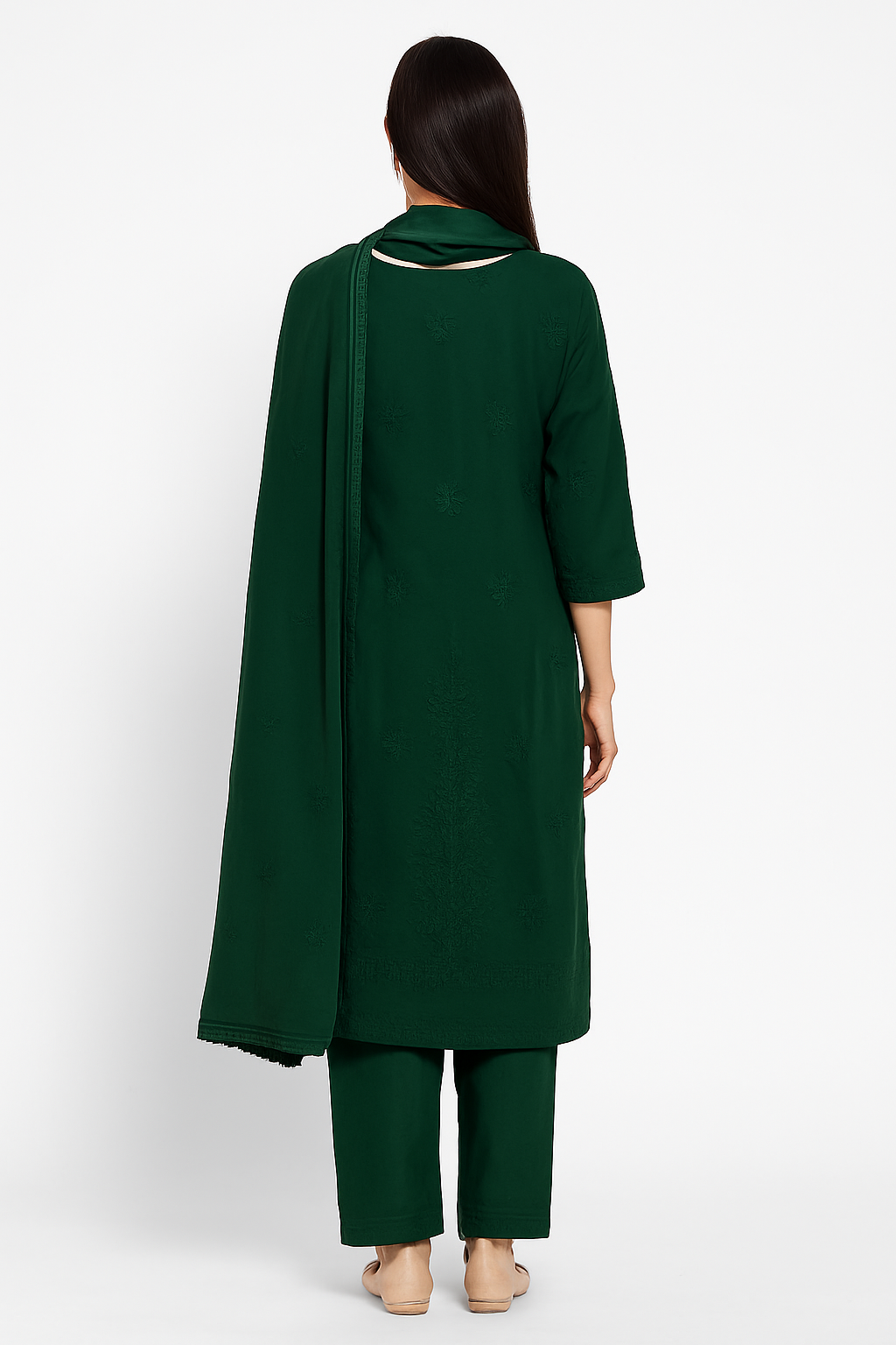 Teal Blue Hand-Embroidered Chikankari Kurta with Trousers & Dupatta