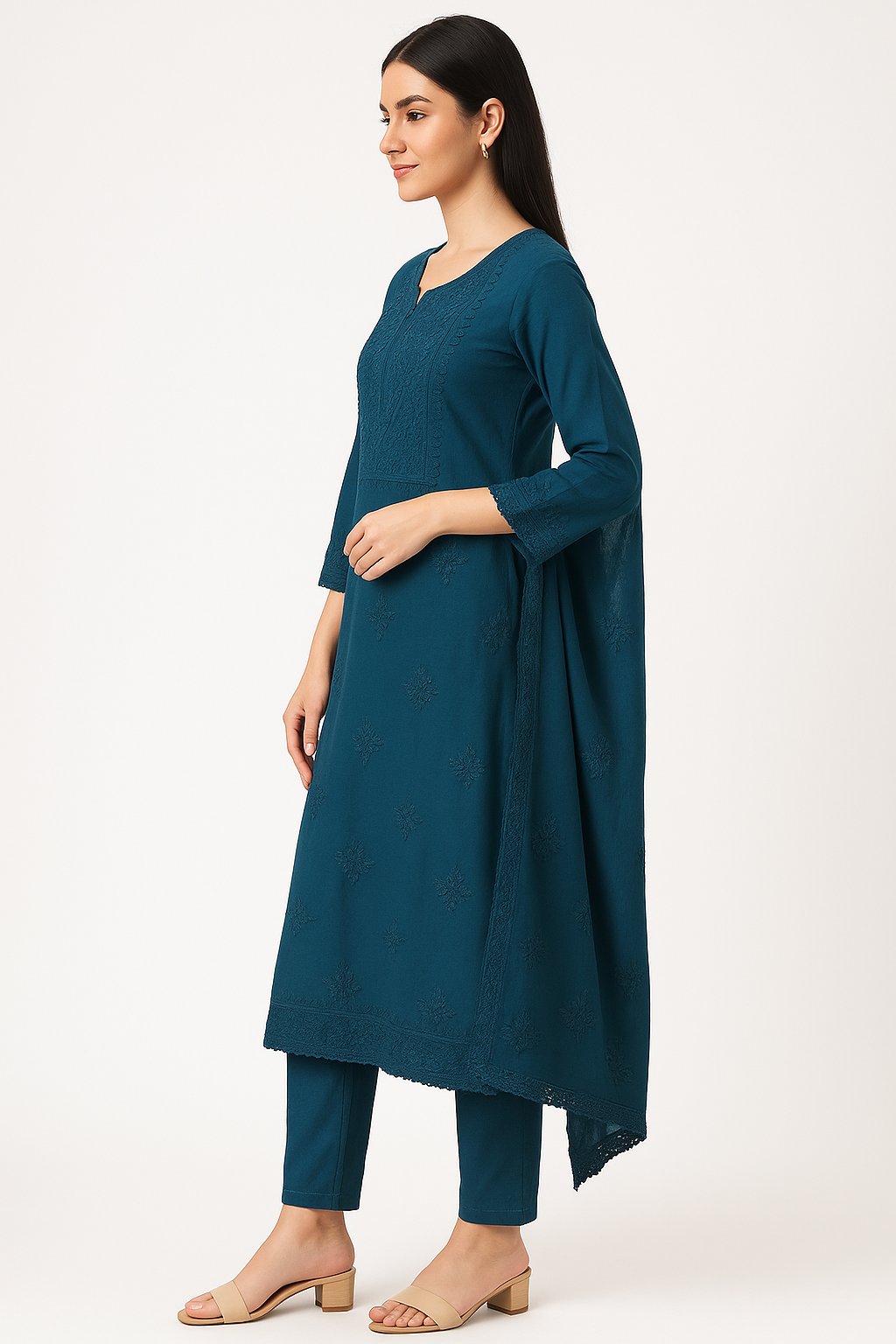 Teal Blue Hand-Embroidered Chikankari Kurta with Trousers & Dupatta