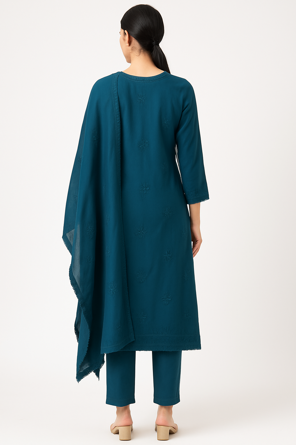 Teal Blue Hand-Embroidered Chikankari Kurta with Trousers & Dupatta