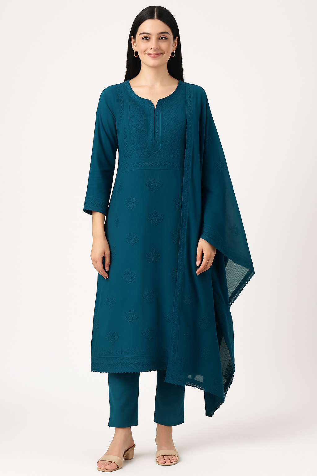 Teal Blue Hand-Embroidered Chikankari Kurta with Trousers & Dupatta