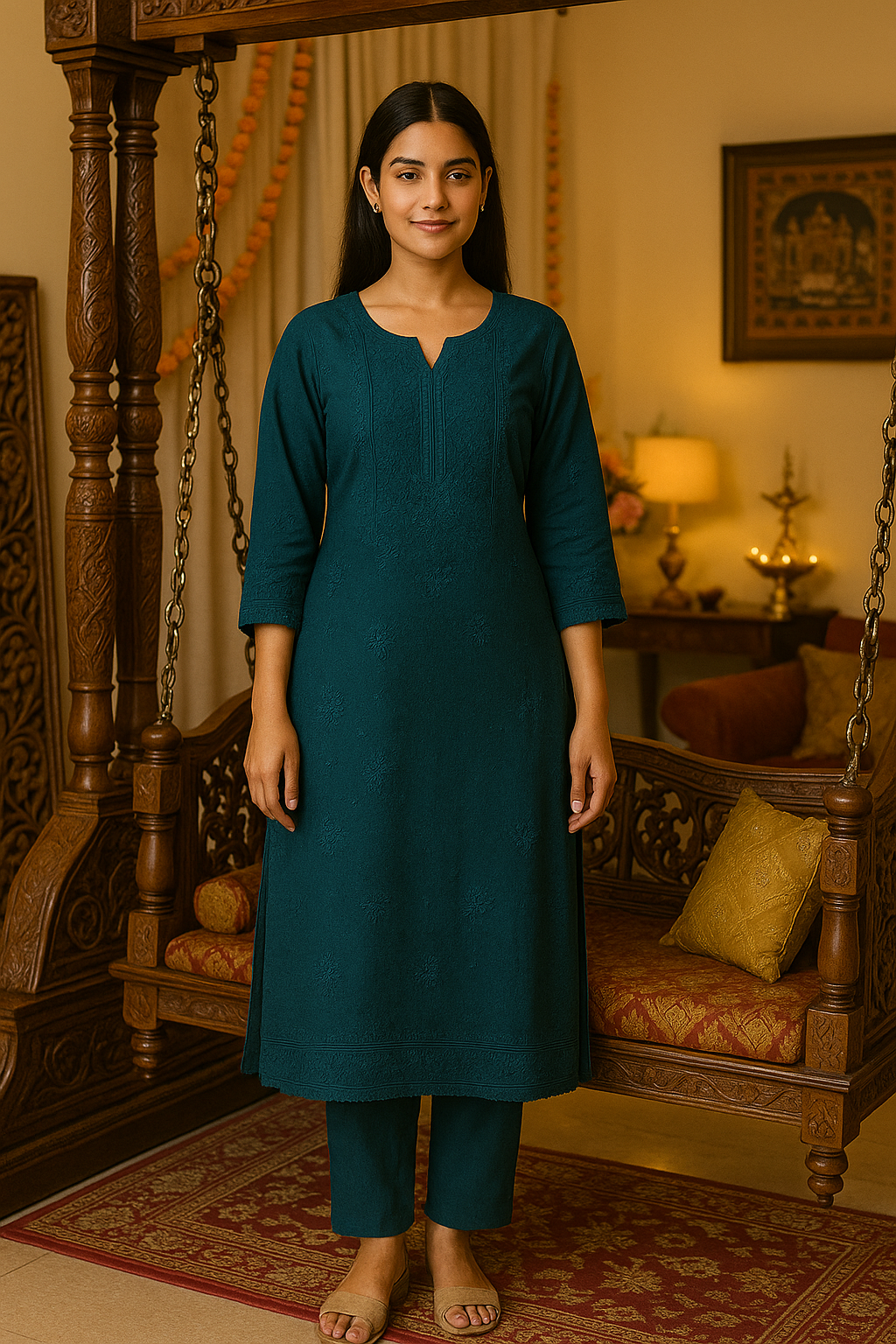 Teal Blue Hand-Embroidered Chikankari Kurta with Trousers & Dupatta