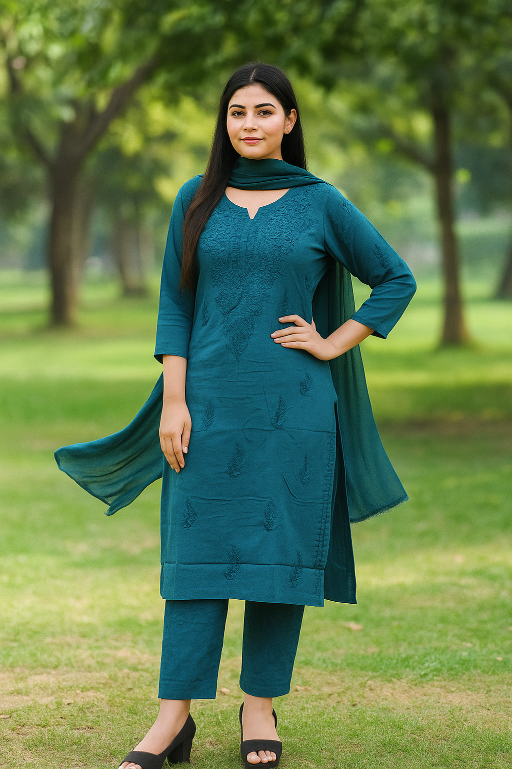 Teal Blue Hand-Embroidered Chikankari Kurta with Trousers & Dupatta