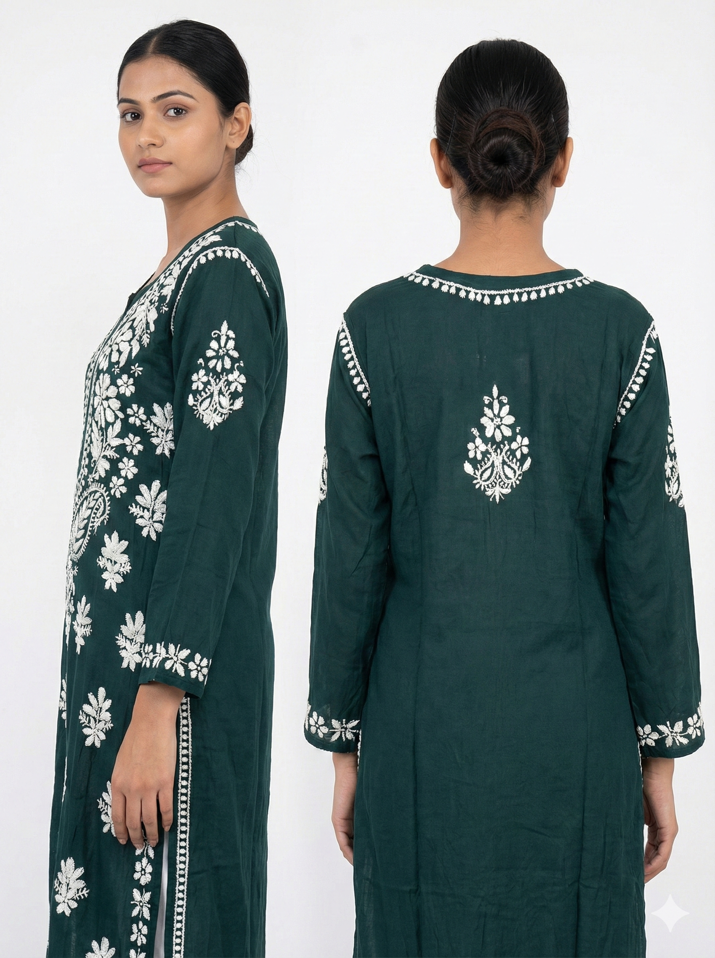 Dark Green Lucknowi Chikankari Hand-Embroidered Straight Kurti (Modal Fabric)