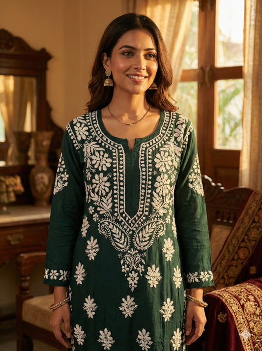 Dark green modal Chikankari kurti front view