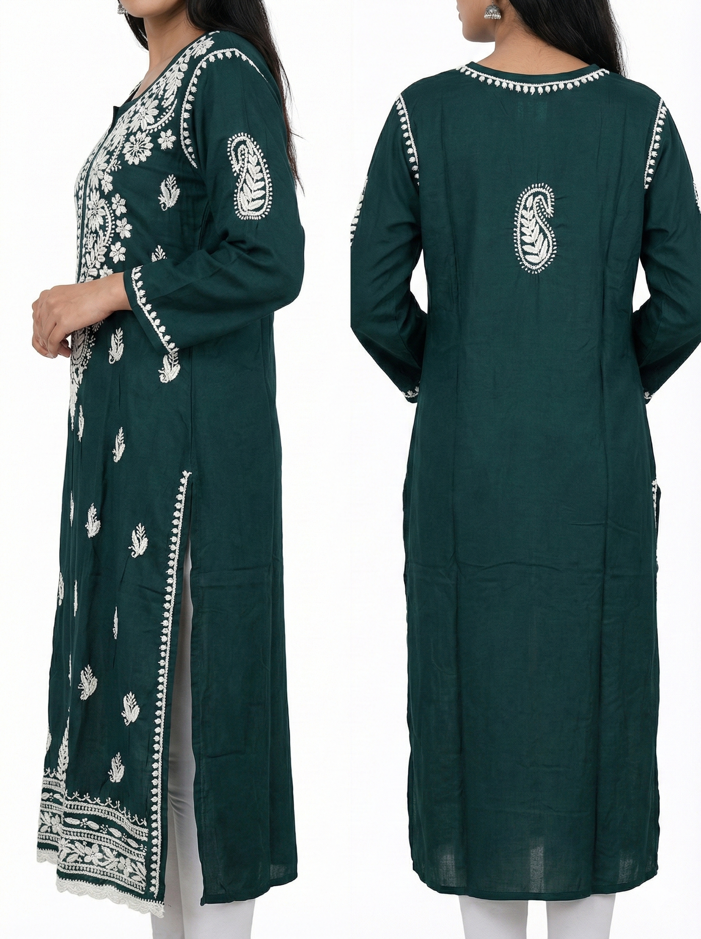 Dark Green Modal Lucknowi Chikankari Kurti for Women | Hand-Embroidered Straight Fit
