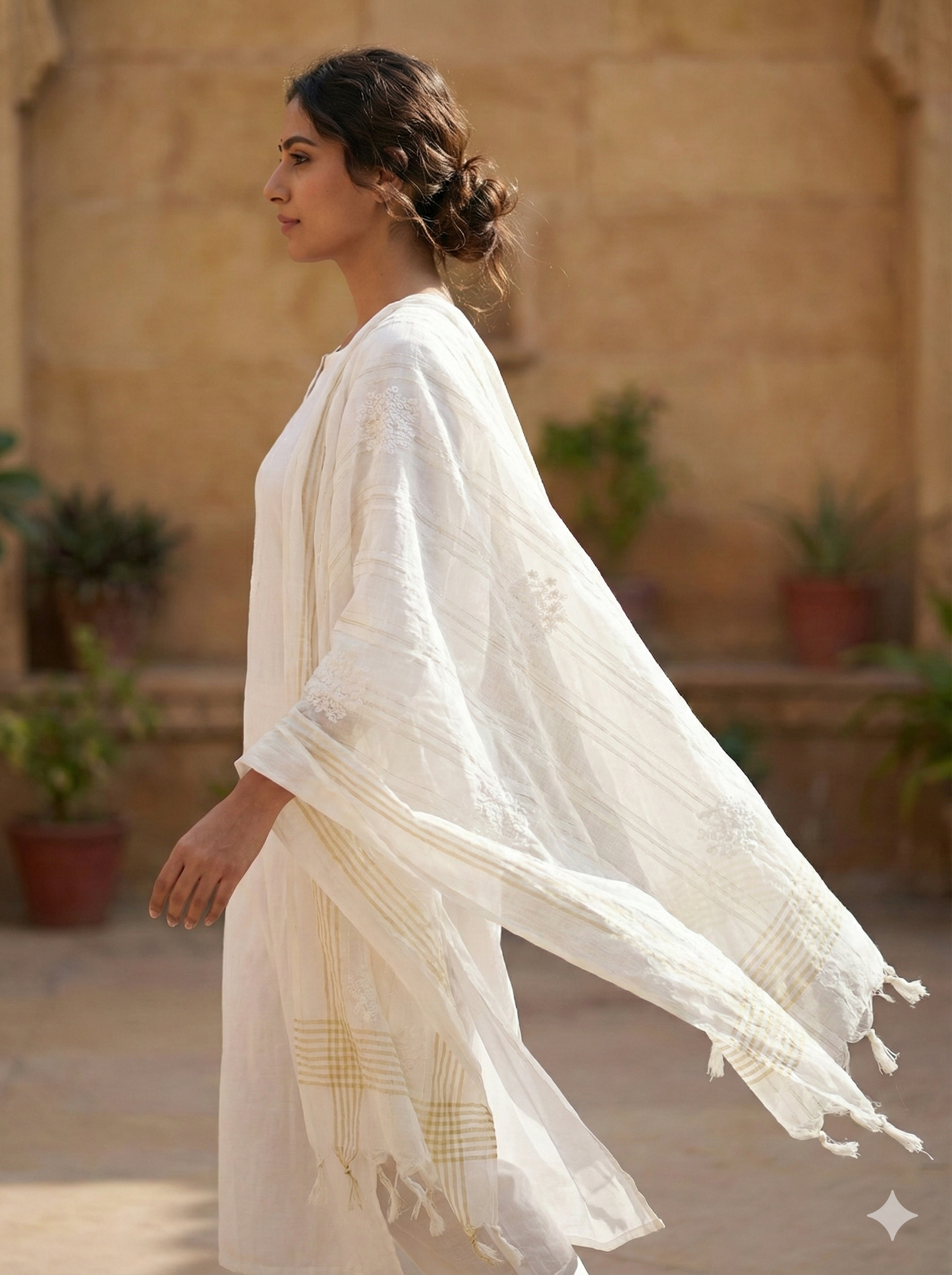 White Cotton Lucknowi Chikankari Dupatta with Hand Embroidery & Tassels
