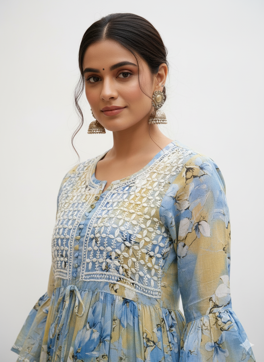 Elegant Pastel Blue & Yellow Chikankari Floral Kurti