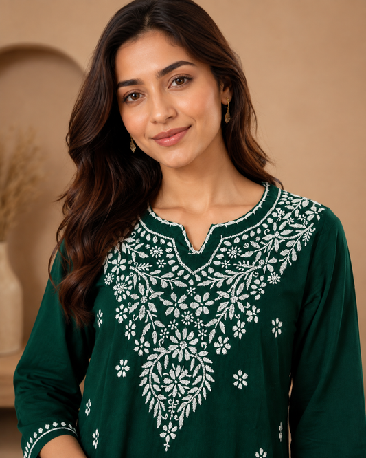 Emerald Green Chikankari Short Kurti with Scalloped Hem | Lucknow Best Chikankari
