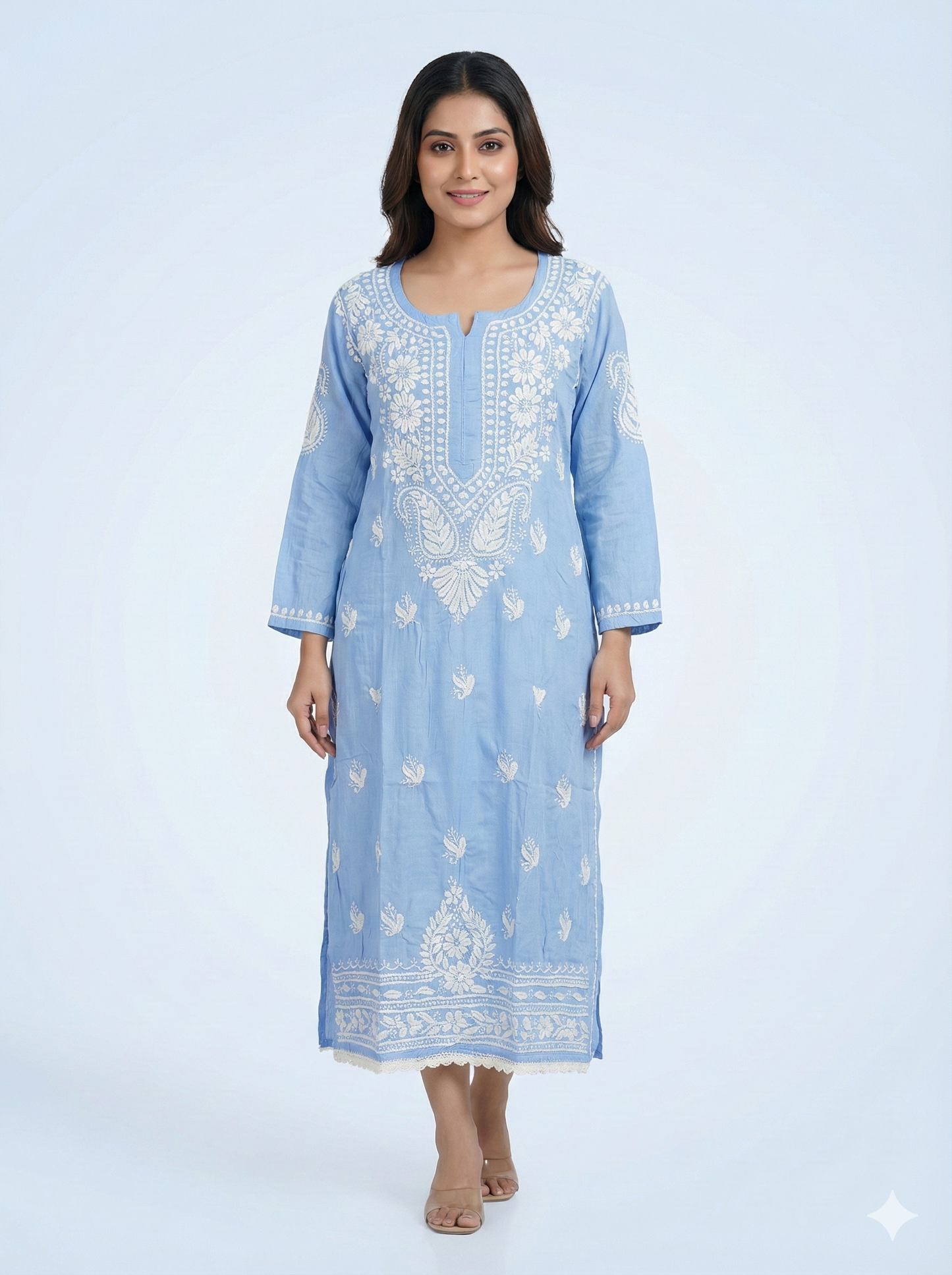 Sky Blue Modal Chikankari Kurti for Women | Handcrafted Lucknowi Embroidered Kurta – Lucknow Best Chikankari