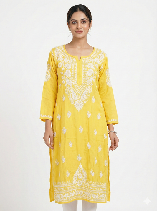 Yellow modal Chikankari kurti front view