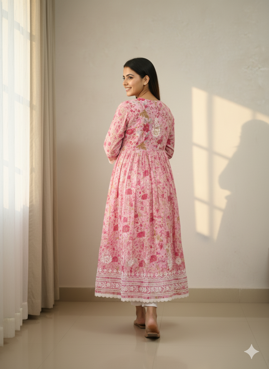 Women’s Pink Floral Chikankari Kurti with Hand Embroidered Yoke & Lace Border – Georgette Cotton Blend