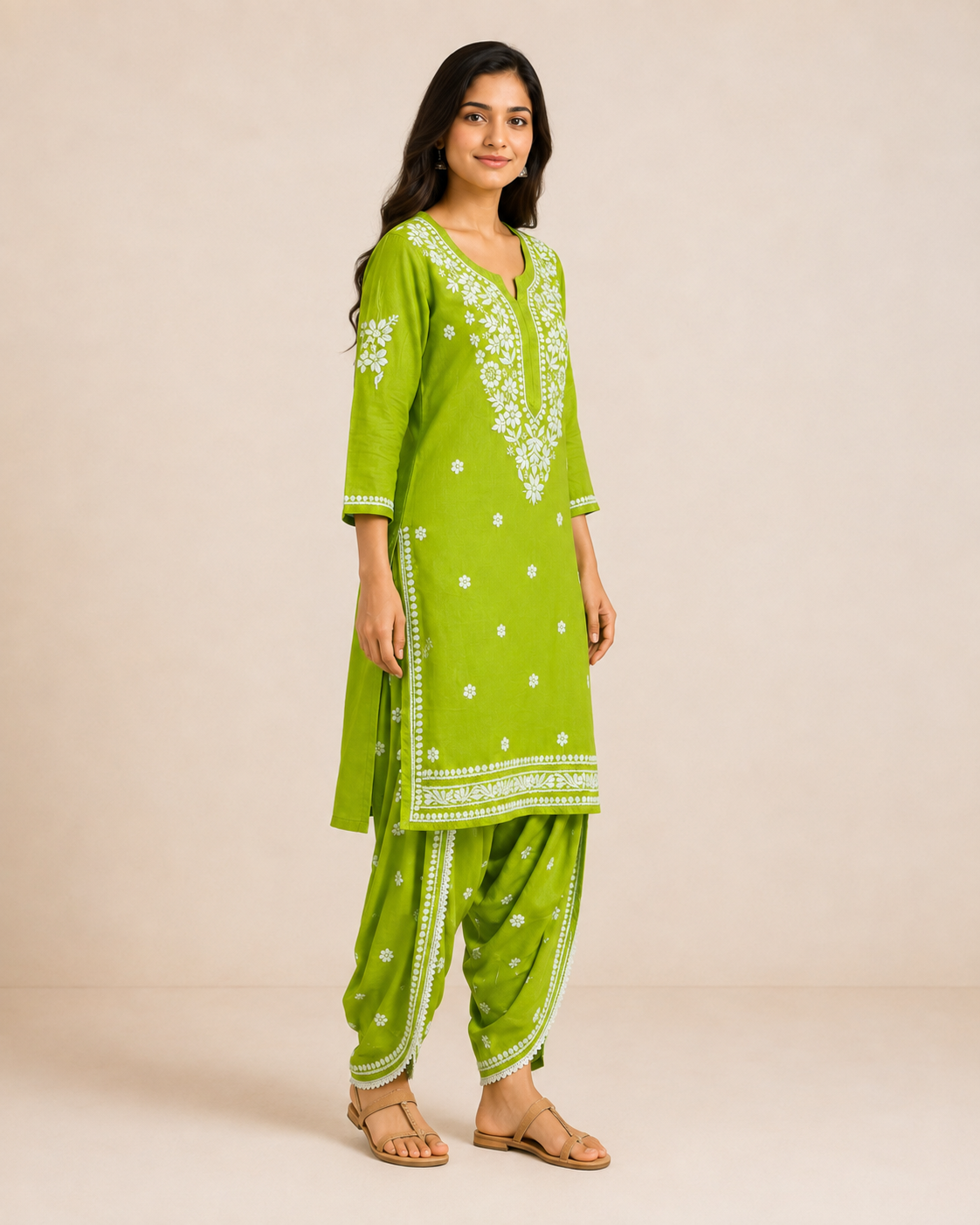 Lime Green Hand-Embroidered Chikankari Kurta with Patiala Pant Set