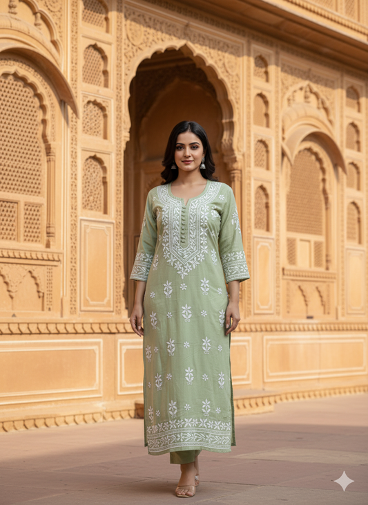 "Green Silk Chikankari Kurti with White Hand Embroidery | Lucknowi Ethnic Wear for Women"