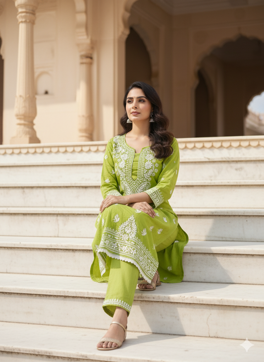 "Green Modal Chikankari Kurti with White Hand Embroidery | Lucknowi Ethnic Wear for Women"