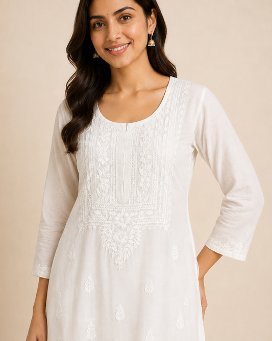 Ivory White Rayon Lucknowi Chikankari Kurti – Handmade