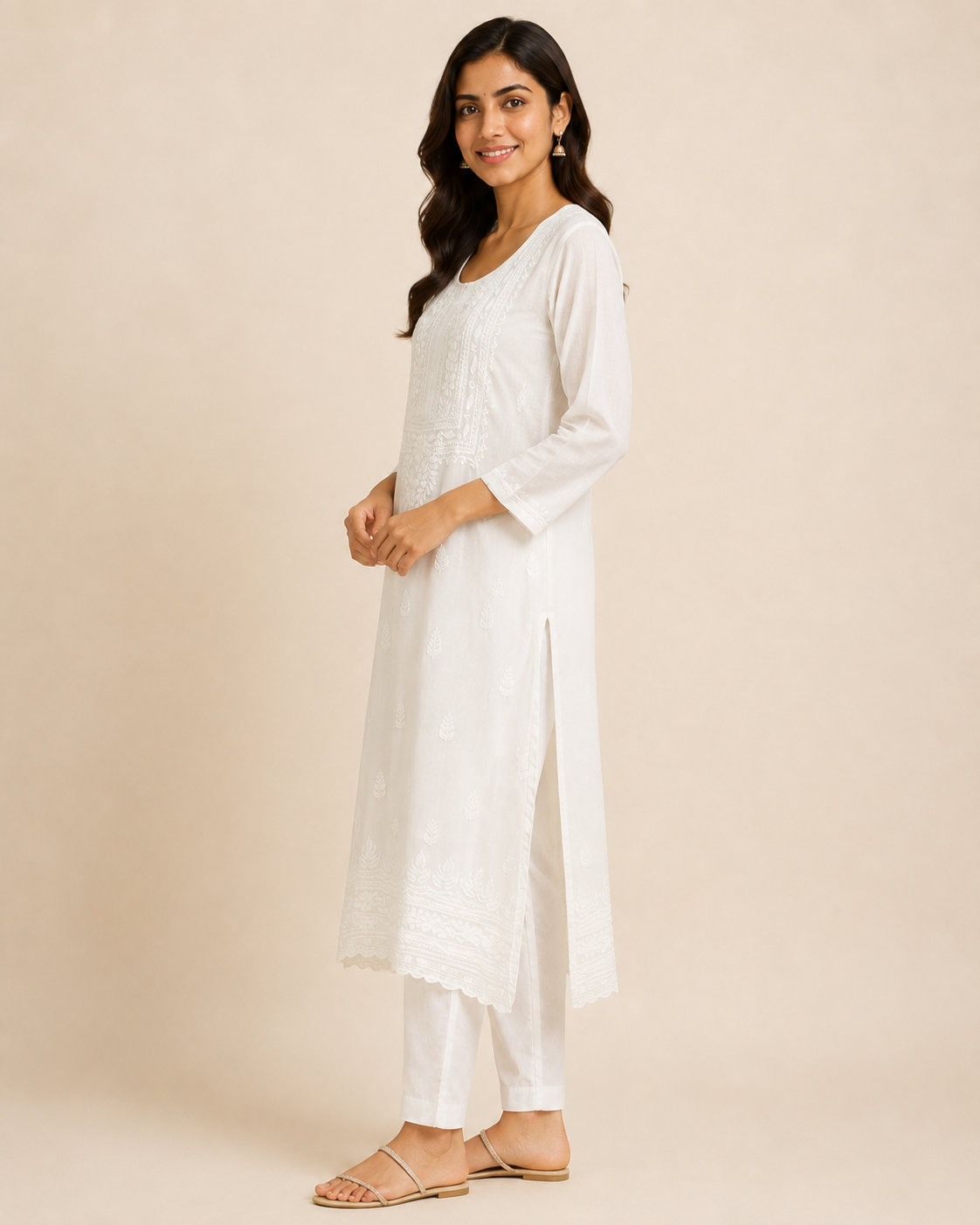 Ivory White Rayon Lucknowi Chikankari Kurti – Handmade