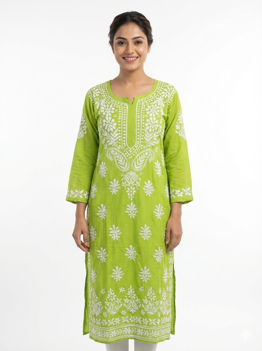 Green modal Chikankari kurti embroidery close up