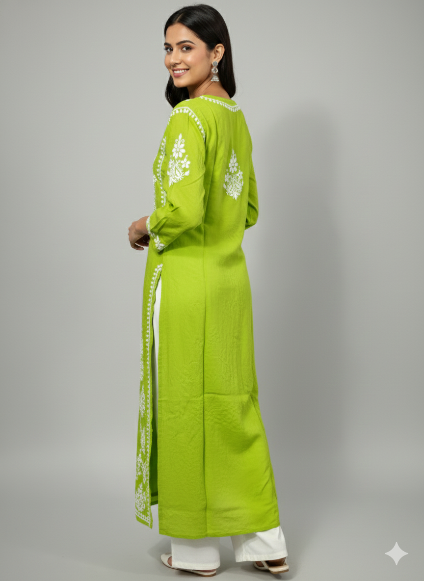 Green Lucknowi Chikankari Kurti for Women | Original Hand Embroidered Modal Kurti – Lucknow Best Chikankari