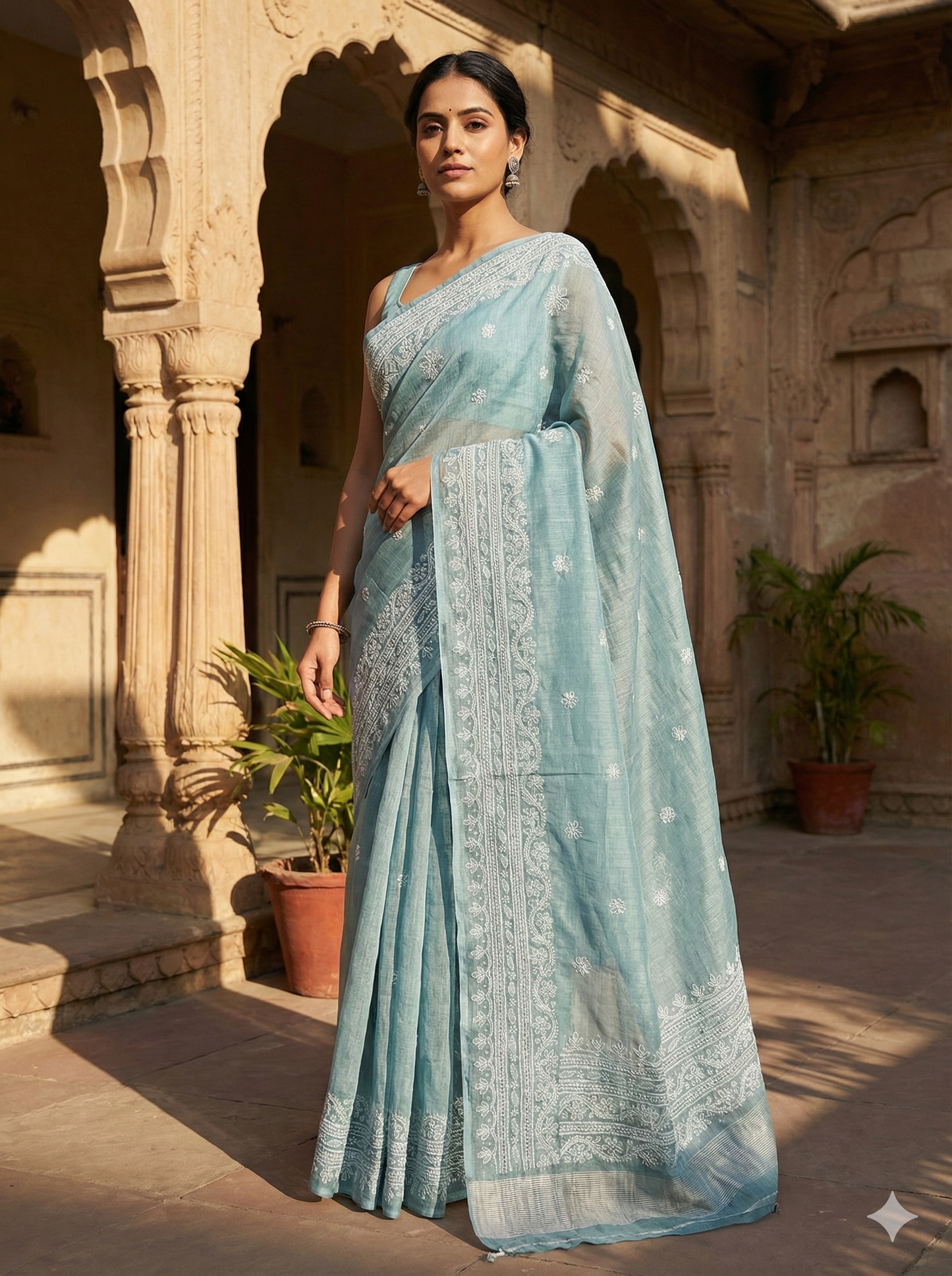 Soft Grey Chanderi Chikankari Saree with White Hand Embroidery & Detailed Border