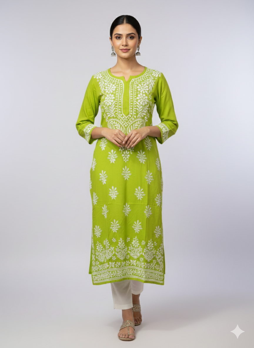 Green Modal Chikankari Kurti for Women – Hand Embroidered Lucknowi Kurti | LucknowBestChikankari