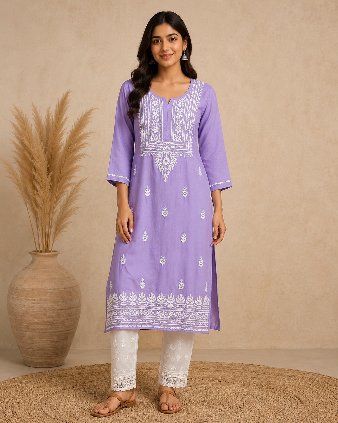 Lavender Rayon Lucknowi Chikankari Kurti for Women – Handmade White Embroidery