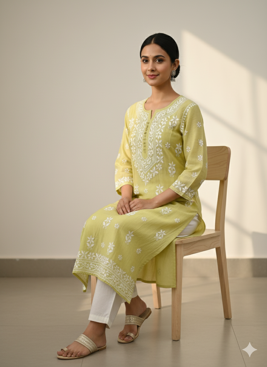 Women’s Lemon Green Cotton Chikankari Kurti with Hand Embroidered White Floral Work – Elegant Ethnic Wear for Daily & Festive Use