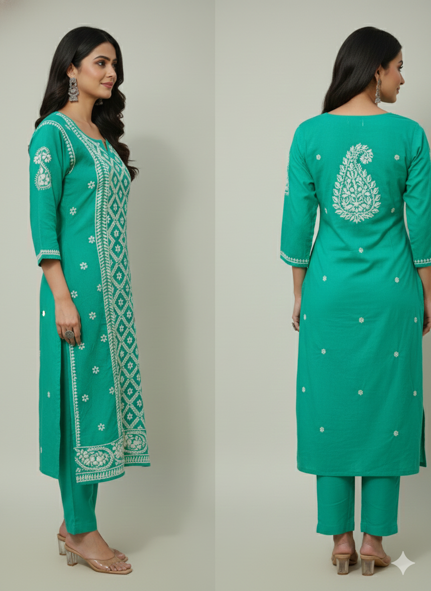 Light Teal Blue Lucknowi Chikankari Kurti Salwar Set | Hand Embroidered Cotton Suit – Lucknow Best Chikankari