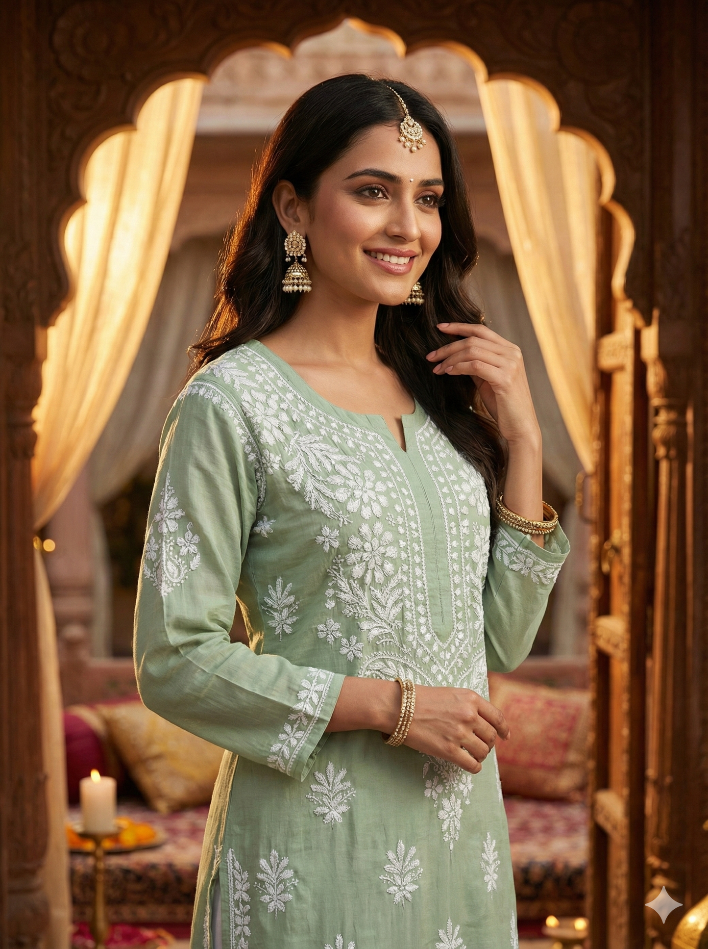 Light Green Lucknowi Chikankari Modal Kurti for Women | Hand Embroidered Kurti – Lucknow Best Chikankari