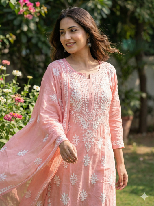 Light pink modal Chikankari kurti front view