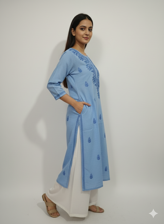 "Handmade Lucknowi Chikankari Kurti for Women – Light Blue Cotton Kurta with Floral Embroidery | Casual & Ethnic Wear"