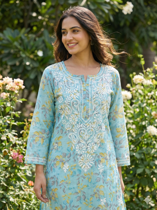 Sky blue floral malmal Chikankari kurti front view