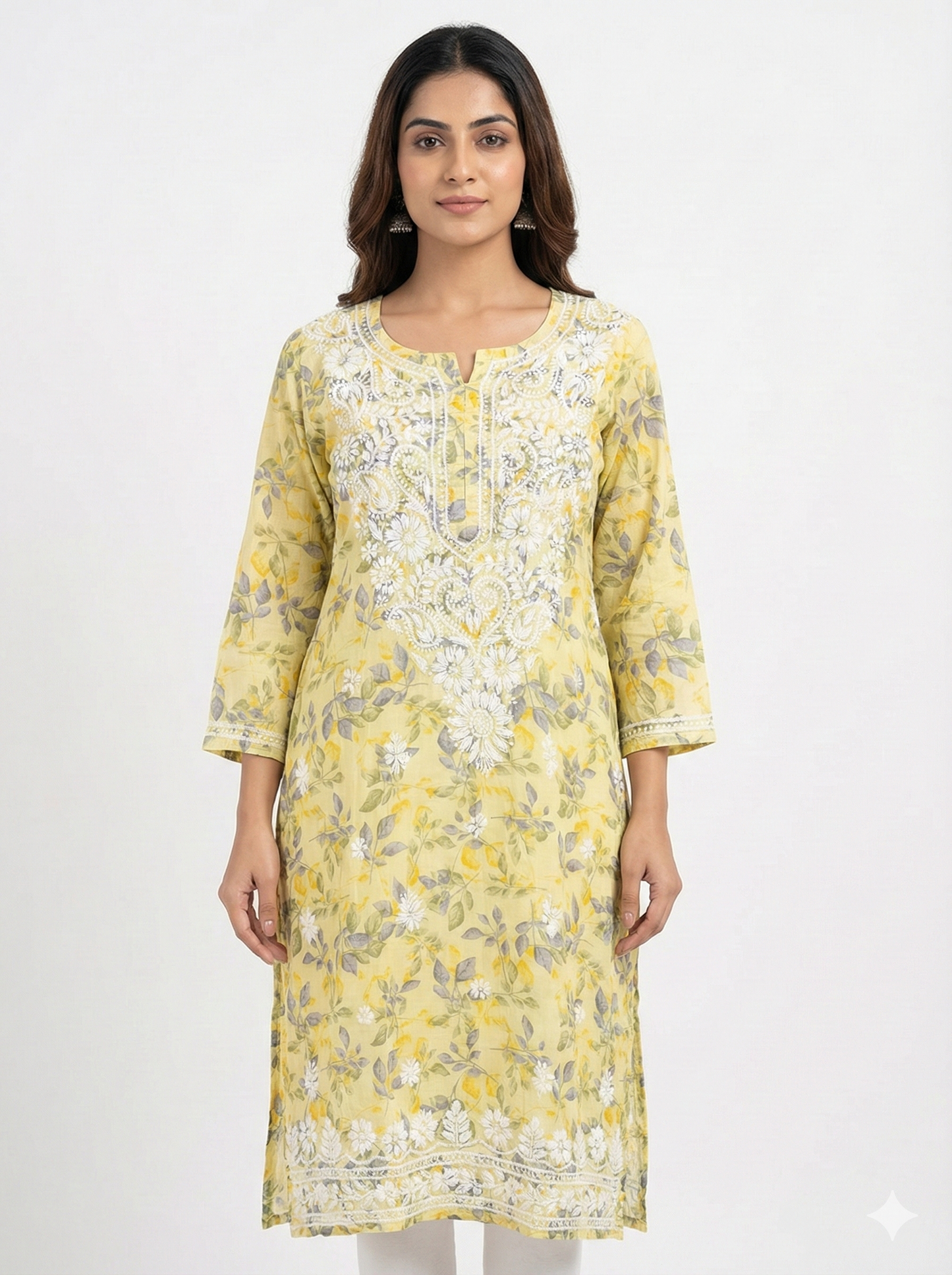 Yellow Malmal Cotton Chikankari Kurti for Women | Hand Embroidered Floral Kurta - Lucknow Best Chikankari
